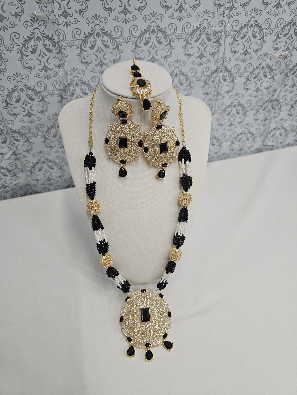 Gold-tone Black & White Beaded Statement Necklace and Earring Set